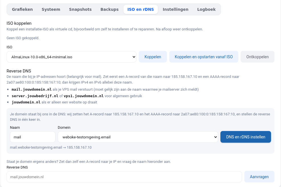 ISO ja rDNS -välilehti, jossa Reverse DNS -lohko